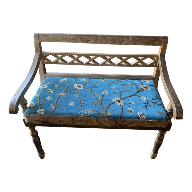 1990s Italian Regency Hand Painted Settee Bench W/ Custom Double Sided Cushion For Sale