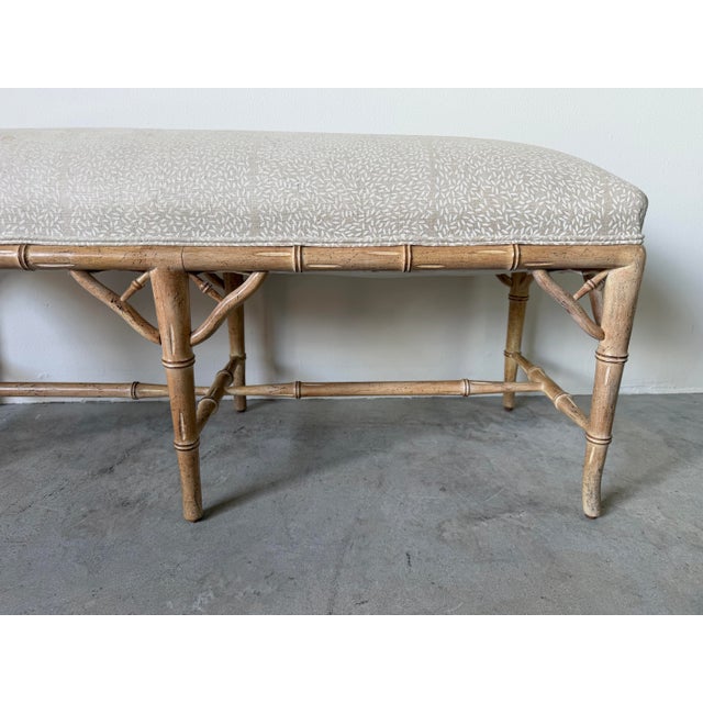 Beige Vintage Hollywood Regency Style Faux Bamboo Carved Upholstered Bench For Sale - Image 8 of 12