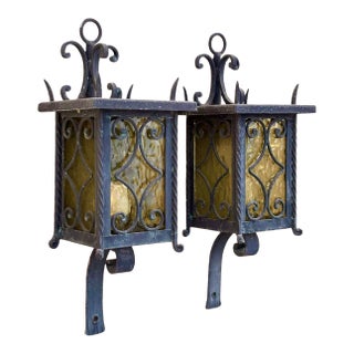 1950's Italian Wrought Iron Exterior Wall Lanterns, a Pair For Sale