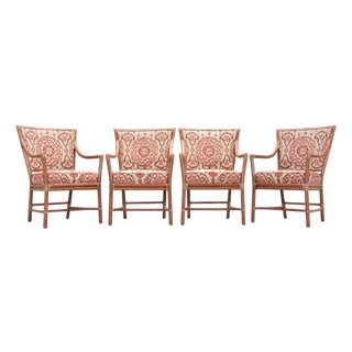 Set of Four McGuire Spindle-Back Rattan Ikat Dining Armchairs For Sale