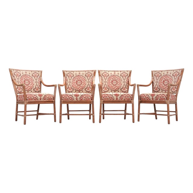 Set of Four McGuire Spindle-Back Rattan Ikat Dining Armchairs For Sale