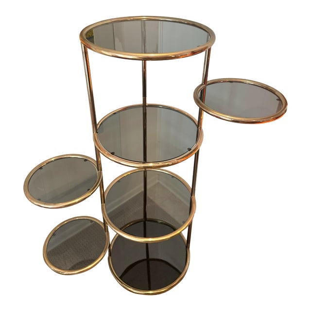 A Vintage Milo Baughman Style 7 Tiered Brass & Smoked Glass Articulating Etagere, Circa 1970s For Sale