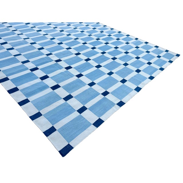Handwoven Cotton Area Rug, Vegetable Dyed, Sky Blue and White Geometric Dhurrie - 10'x14' For Sale - Image 6 of 10