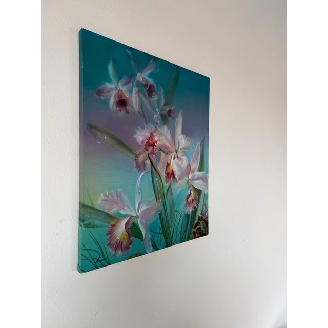 Beautiful original 1991 oil on canvas painting by Colombian artist Sonia Gil Torres (B. 1935). This elegant floral still...