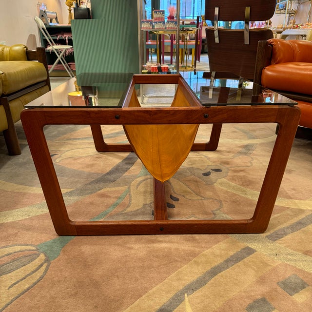 Vintage Lou Hodges Style Teak and Smoked Glass Coffee Table With Magazine Holder For Sale - Image 11 of 11