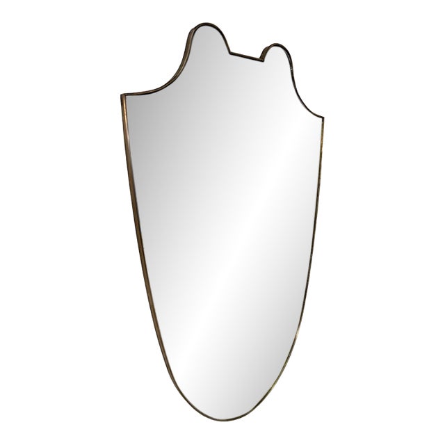 Italian Mid-Century Brass Framed Shield Form Wall Mirror, 1950s For Sale