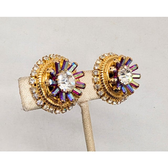 Mid-Century Modern Vintage 1960s Signed Hobe Round Goldtone Red Aurora Borealis & Clear Rhinestone Clip Earrings-2 Pieces For Sale - Image 3 of 8