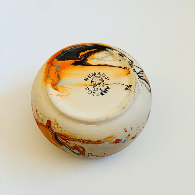 Orange Nemadji Pottery Bowl - Blue and Orange Swirls For Sale - Image 8 of 8
