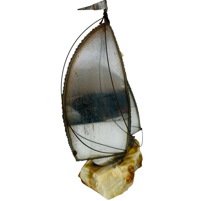 Mid-Century Modern 1970s Brutalist Metal Sailboat Sculpture on Onyx Base by DeMott - Set With Original Tag For Sale - Image 3 of 16