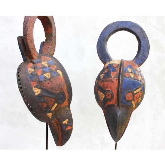 Hand-Carved African Bird Masks with Polychrome Pigments, Mid-20th Century, Set of 2 For Sale - Image 3 of 17