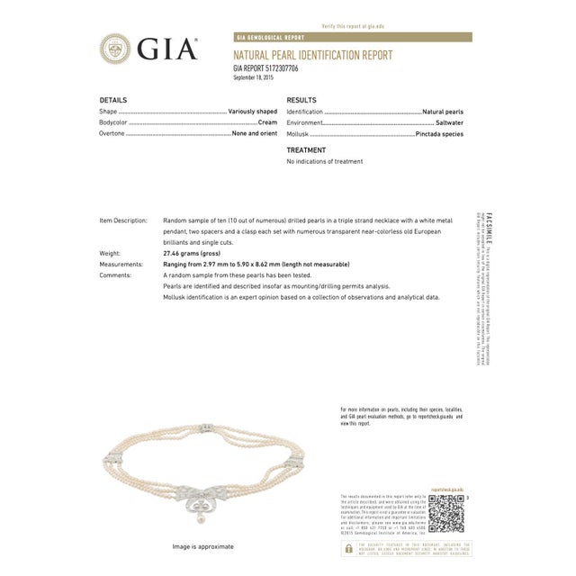Early 20th Century Edwardian Gia Certified Saltwater Pearl & Old Euro Cut Diamond Necklace For Sale - Image 9 of 9