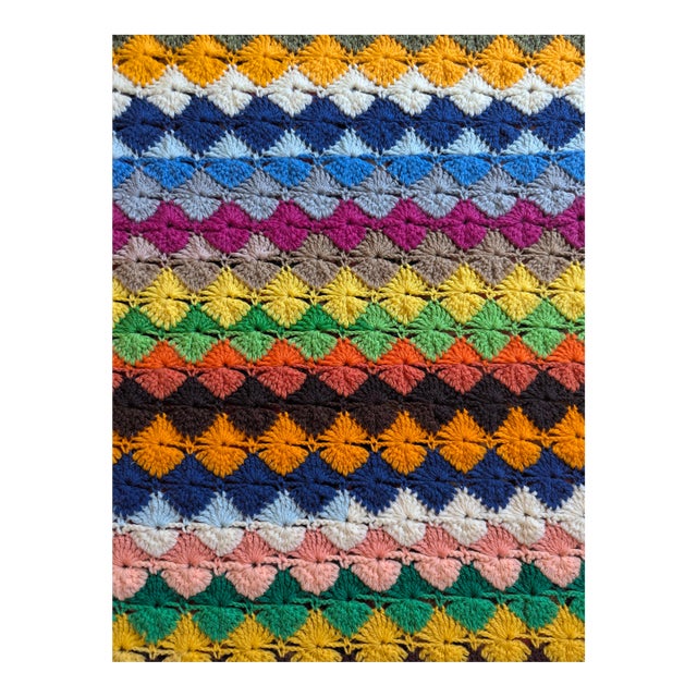 Mid Century Modern Multicolor Handcrafted Crocheted Afghan Throw Blanket For Sale