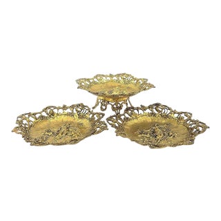 Antique Gilt Bronze Art Nouveau Footed Centerpiece & Hanging Trays Set-Victorian For Sale
