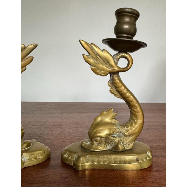 Chinoiserie Pair of Vintage Brass Neoclassical Dolphin Candlesticks For Sale - Image 3 of 7