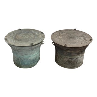 Early 20th Century Pair of Southeast Asian Bronze Rain Drums with Great Patina For Sale