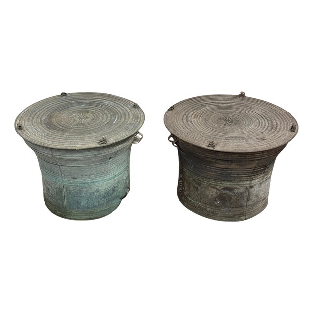 Early 20th Century Pair of Southeast Asian Bronze Rain Drums with Great Patina For Sale