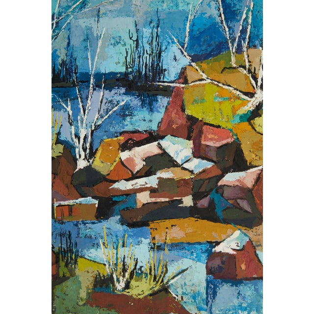 MCM Abstract Landscape Acrylic Painting on Mat Board Cubism For Sale In Nashville - Image 6 of 7