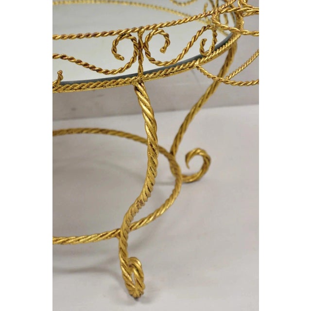 Metal Vintage Italian Hollywood Regency Iron Gold Rope Round Mirror Top Coffee Table For Sale - Image 7 of 10