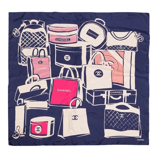 Chanel Navy Luggage Motif Silk Scarf Chairish