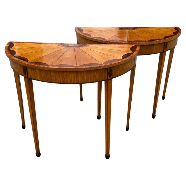 Fine Pair of 19th Century George III Style or Adam Demi-lune Tables. Beautifully veneered in satinwood. Neoclassical fan...