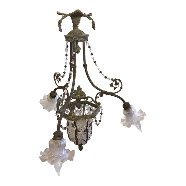 1950s Gothic Glass Flower Tole Chandelier For Sale