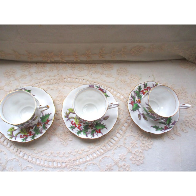 Ceramic 1950s Royal Albert Bone China Flower of the Month Series #12 Holly 3 Teacups & Saucers Set- 6 Pieces For Sale - Image 7 of 10