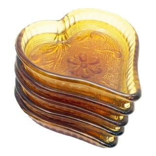 Vintage Indiana Glass Amber Heart-Shaped Pressed Small Glass Dishes – Set of 5 For Sale