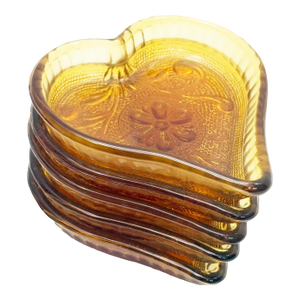 Vintage Indiana Glass Amber Heart-Shaped Pressed Small Glass Dishes – Set of 5
