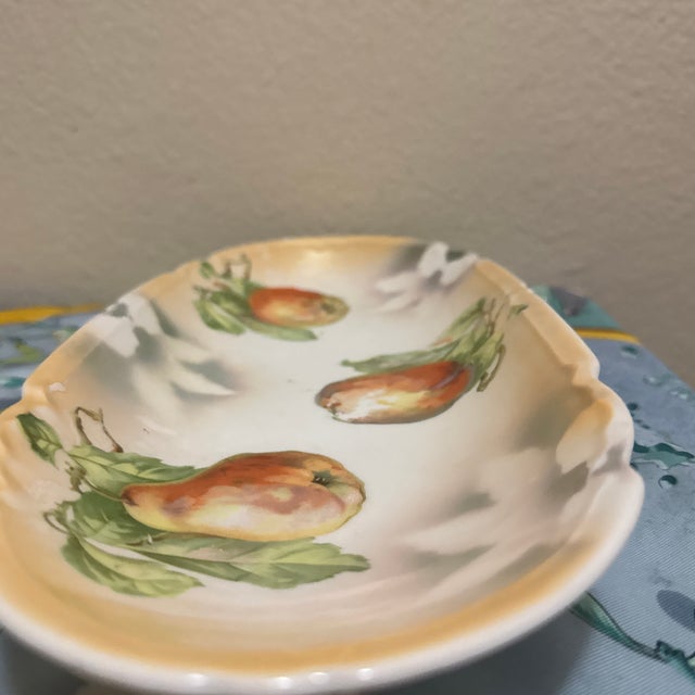 Antique Hand-Painted Porcelain Celery Dish – Fruit Motif (Peaches, Pears, Apples) – Scalloped Edge For Sale - Image 4 of 6