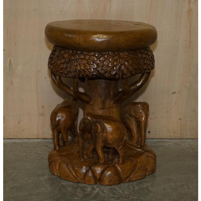 Vintage Hand Carved Elephant Stool with Ornate Decoration For Sale - Image 16 of 18