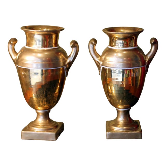 French Empire Period Matte and Burnished Gilt Porcelain Vases, Set of 2 For Sale