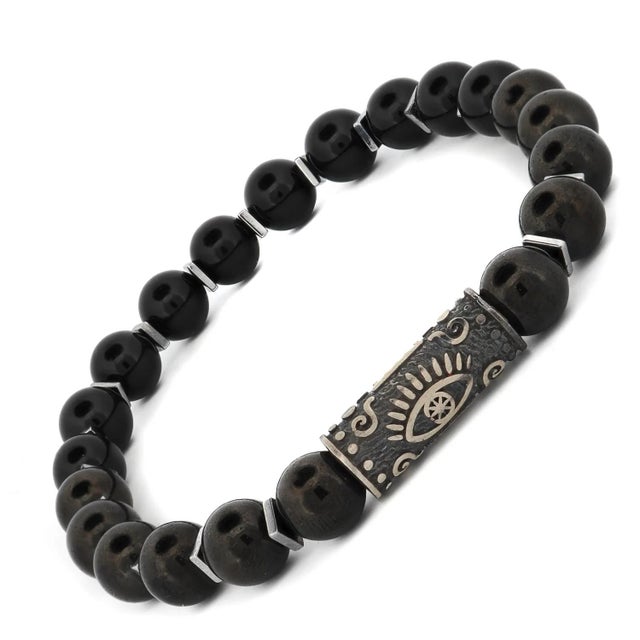 Early 21st Century Black Onyx Stone & Sterling Silver Unique Evil Eye Symbol Beaded Bracelet For Sale - Image 5 of 6