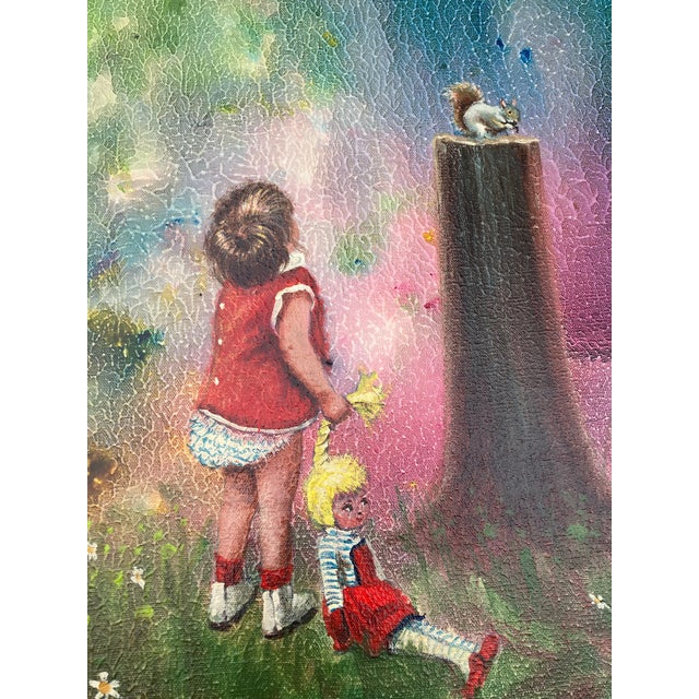 1950’s Original Mid Century Modern Impressionist Child With Doll & Squirrel in Landscape Painting Chunky Carved Wood Frame For Sale - Image 4 of 5