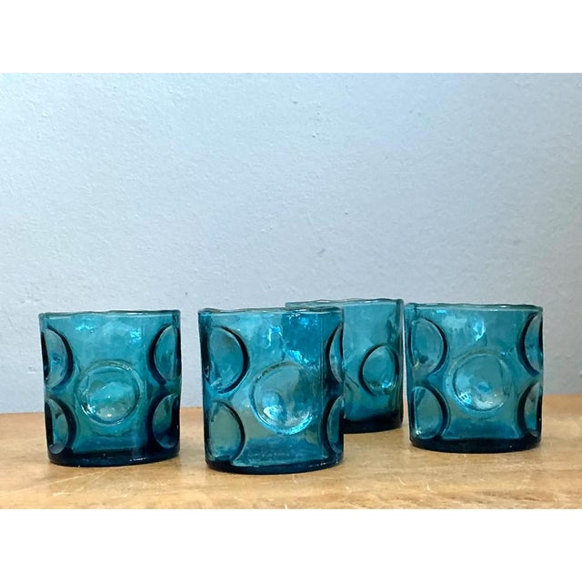 Teal Vintage Blue Embossed Glass Shot Glasses - Set of 4 For Sale - Image 8 of 12