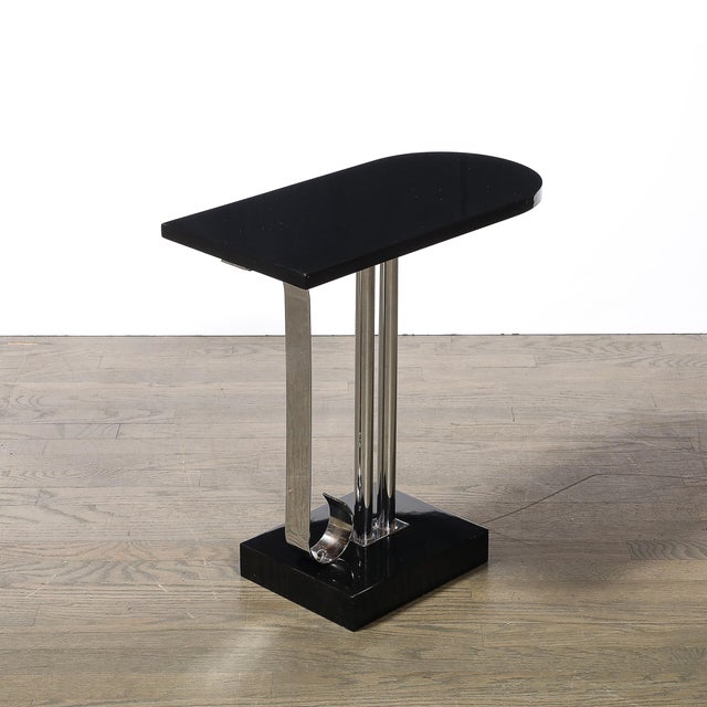 Art Deco Black Lacquer & Chrome Streamlined End Table W/ Scroll Detail by Belmet For Sale - Image 9 of 15