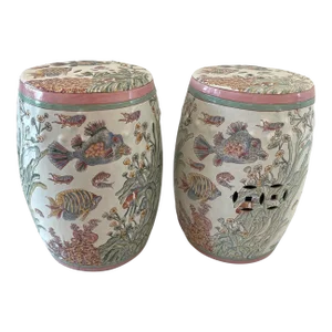 Pair Porcelain Garden Stools With Fish, Coral