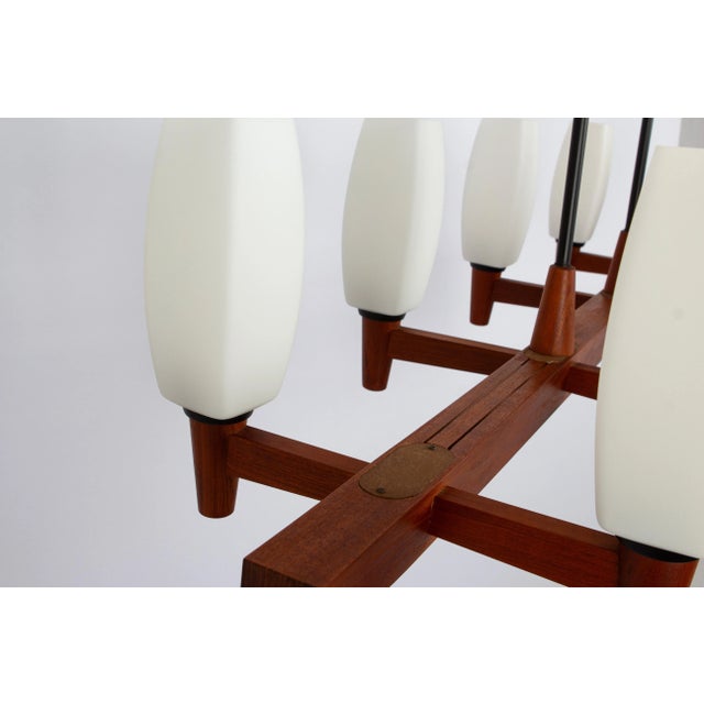 1960s Minimalist Teak and Opal Glass Chandelier attributed to Kaiser, Germany, 1960s For Sale - Image 5 of 11