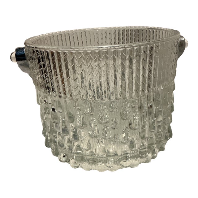 Vintage Ice Bucket Teleflora Glass With Chrome Handle Made in France For Sale