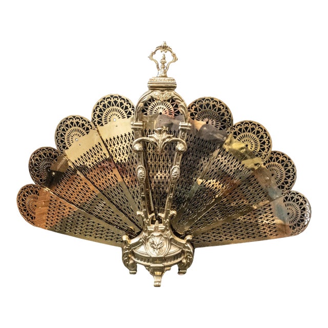 Late 18th Century Antique Brass Fireplace Screen Fan Greek God Louis XV Style For Sale