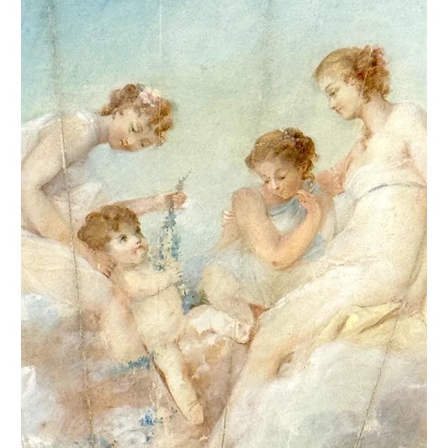 French Antique French Louis XV Period Hand Painted Pale Blue Fan in Gilt Frame With Angels and Cherubs For Sale - Image 3 of 13