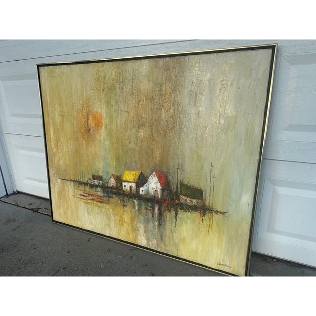 Large Original Oil Painting by Listed Artist Frank R. Carmelitano (1935–2003) — Signed Coastal Village Landscape, 50” X 40” For Sale - Image 4 of 11