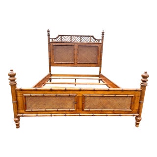 Tommy Bahama Carved Fruitwood Faux Bamboo Queen Bed For Sale
