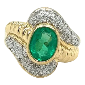 Vintage Natural Oval Cut Emerald & Diamond Ribbed Textured Bezel Set 18K Gold Ri, Size 7