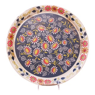 Folk Art Painted Metal Floral Decorative Tray by Maxey For Sale