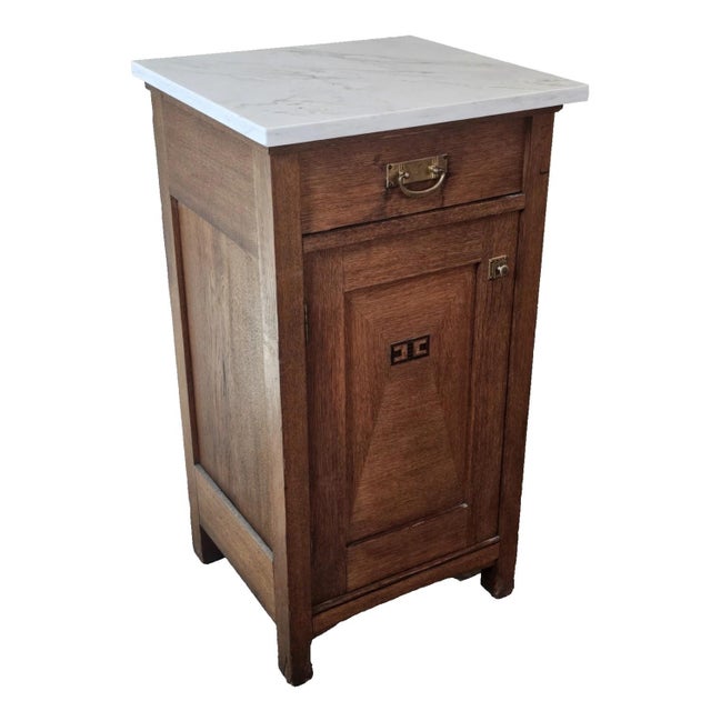 1930s 1930s French Oak Art Deco Nightstand Marble Top Bedside Cabinet End Table For Sale - Image 5 of 17