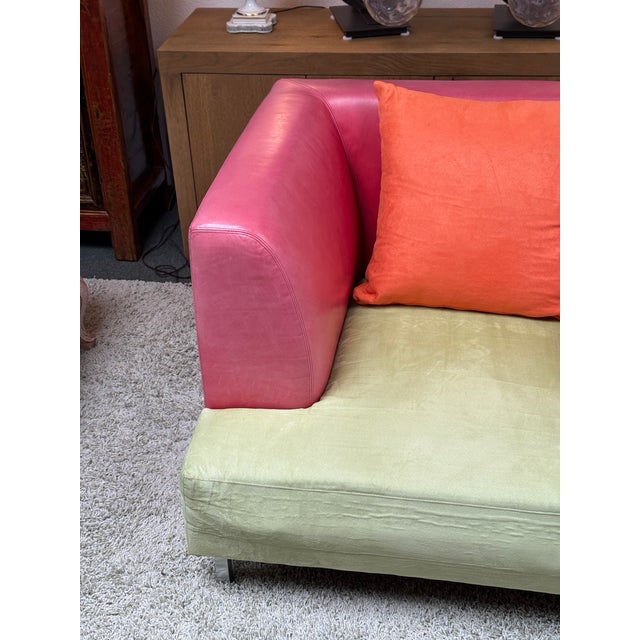 Animal Skin Celery Micro-Suede + Rose Pink Leather Chair + Ottoman For Sale - Image 7 of 12