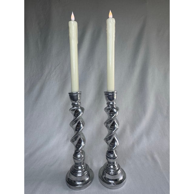 Mid 20th Century Vintage English Traditional Barley Twist Silver Tone Candlesticks, a Pair For Sale - Image 5 of 8