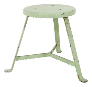 Industrial Green Painted Stool with Steel Base and Wooden Top, 1930s