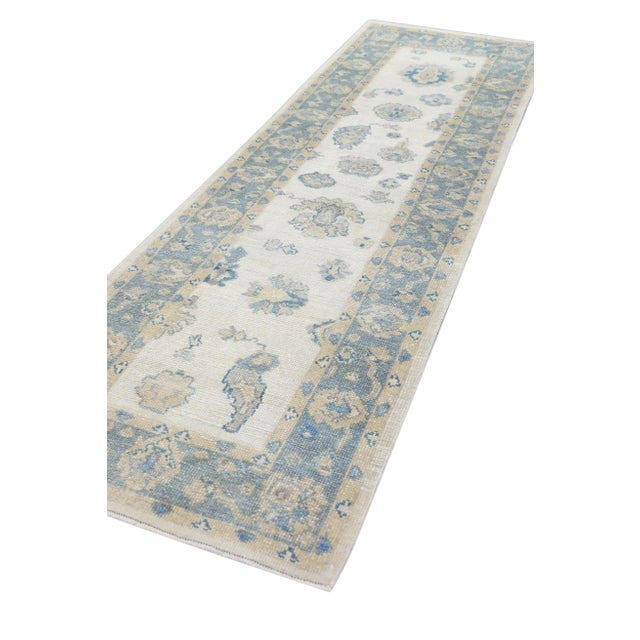 Textile Turkish Oushak Runner Soft Blue & Ivory Handwoven Wool Rug 2'11" X 9'2" For Sale - Image 7 of 9