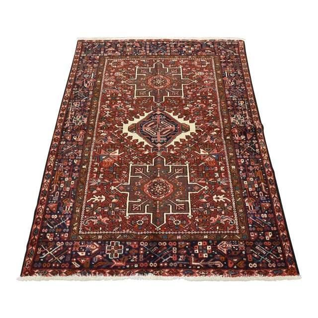 Vintage Karajeh Rug 4'10'' X 6'2'' Red Wool Tribal Hand-Knotted Oriental Carpet For Sale